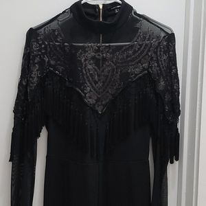 Black Jumpsuit With Sequin and Tassel Detail
